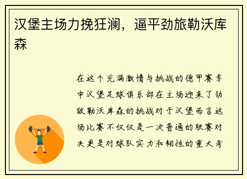 汉堡主场力挽狂澜，逼平劲旅勒沃库森
