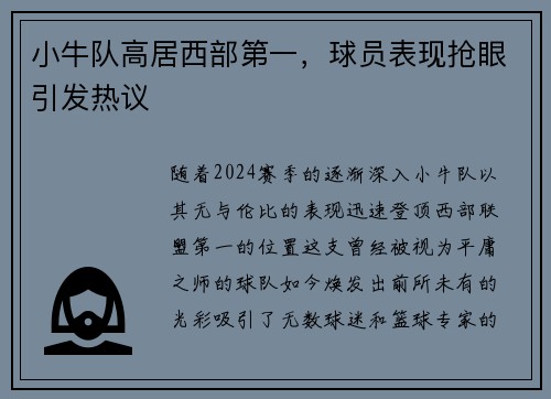 小牛队高居西部第一，球员表现抢眼引发热议